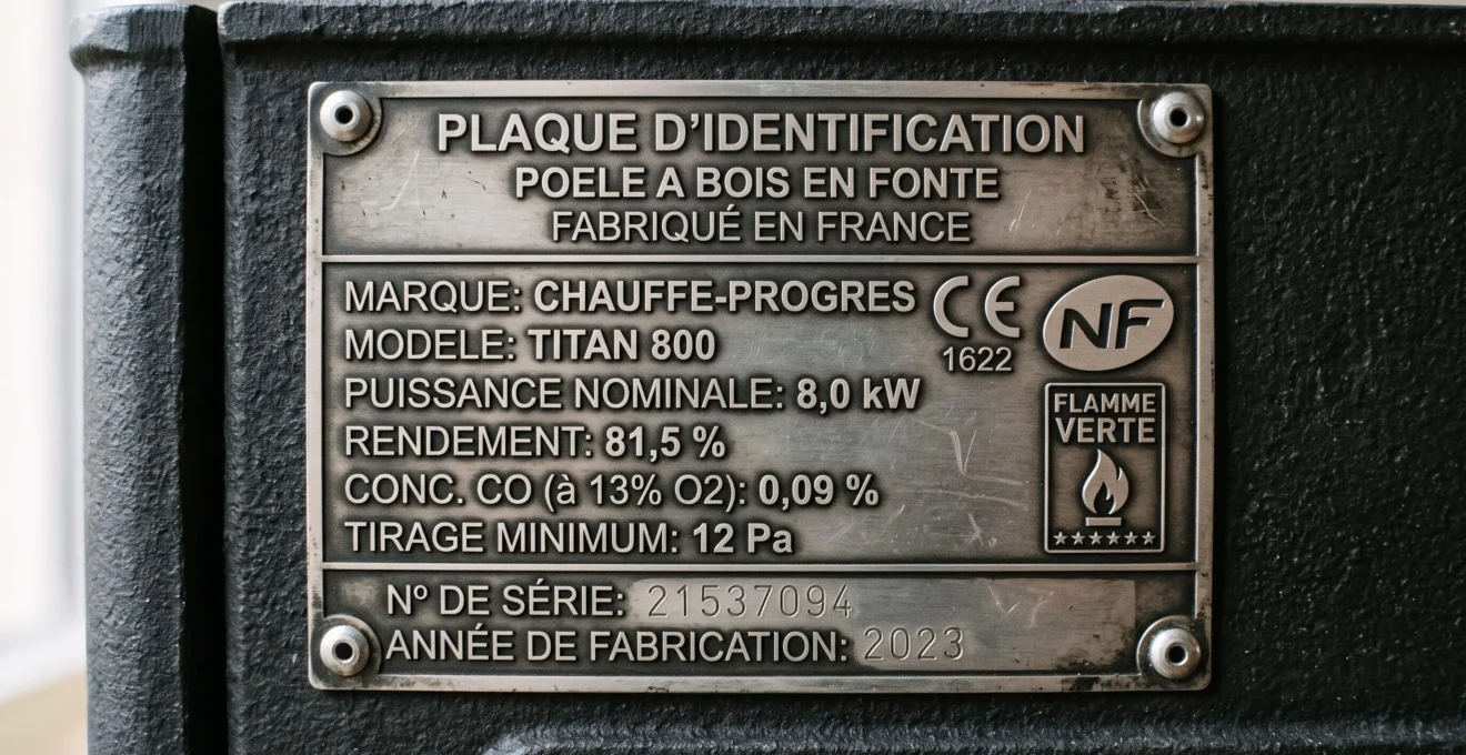 Gros plan sur plaque signalétique métallique d'un poêle à bois affichant marquages CE, NF et Flamme Verte 7 étoiles, avec numéro série et puissance nominale gravés
