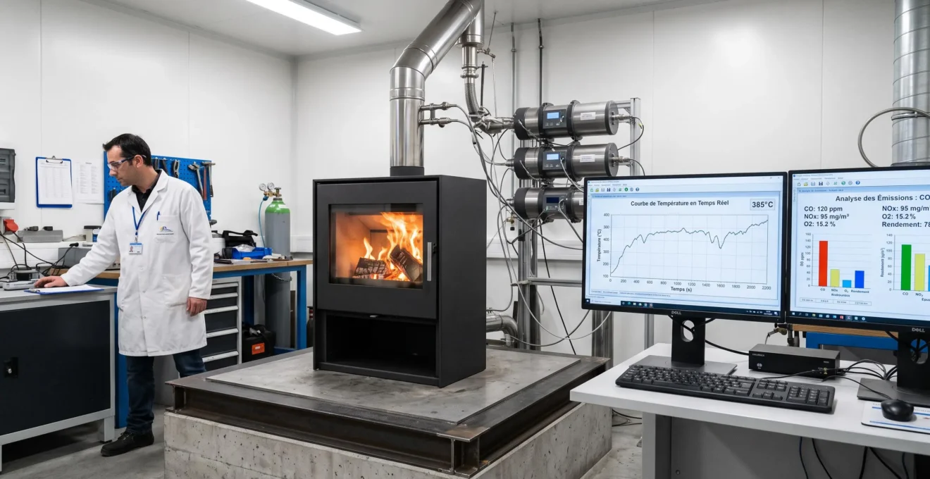 Poêle à bois en acier installé sur banc d'essai dans laboratoire de certification, conduit relié à analyseurs de gaz, écrans affichant courbes de température et mesures d'émissions en temps réel, technicien en blouse supervisant protocole